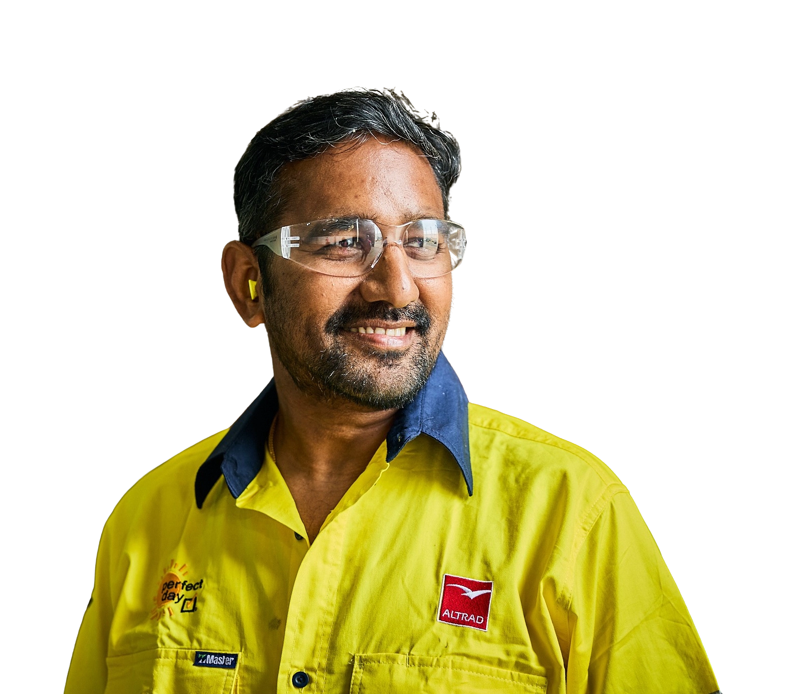 Altrad Australia worker wearing safety glasses and yellow uniform.